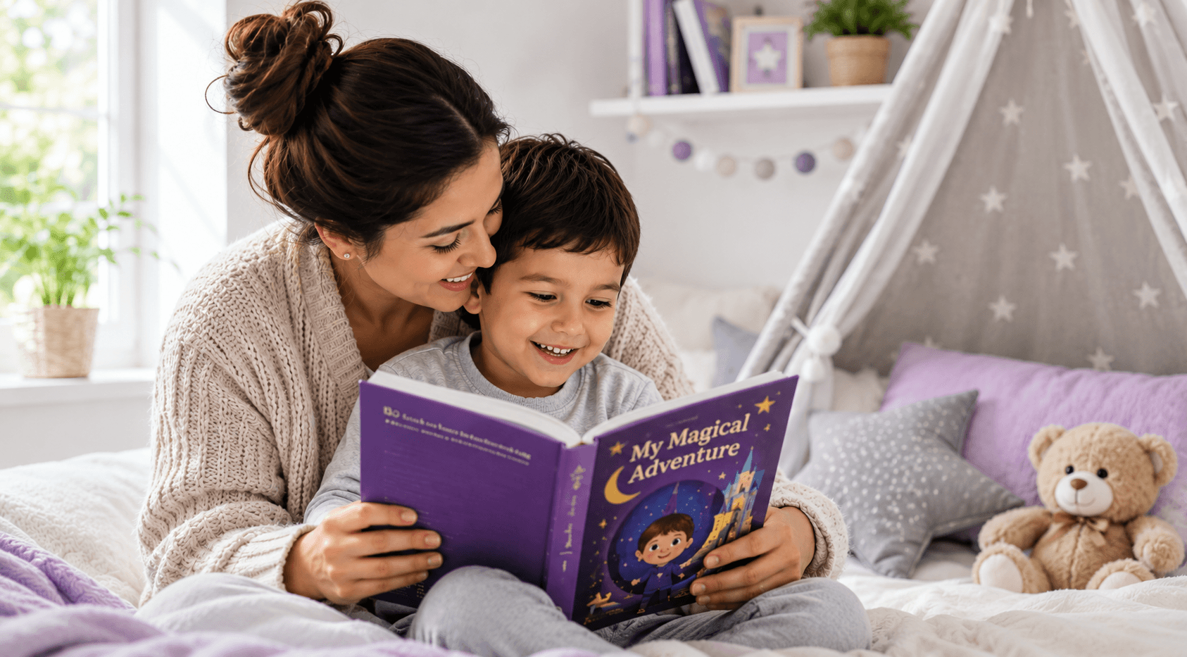 Mother and son reading by the fireplace