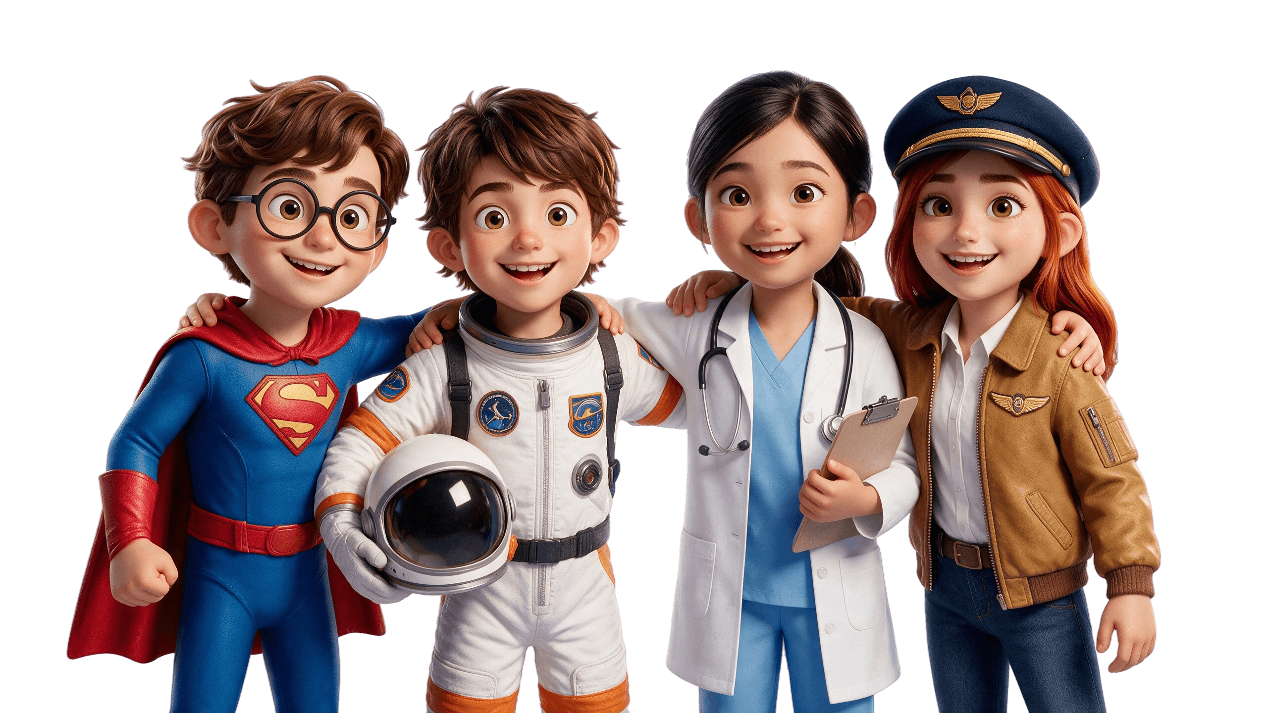 Kids dressed as a superhero, astronaut, doctor and pilot